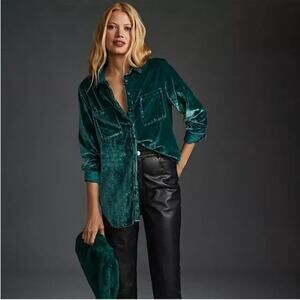 Anthropologie Pilcro Top Womens Small Green Velvet Hadley Relaxed Button Party